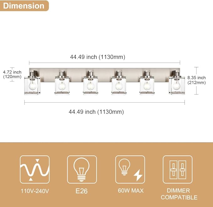 6-Lights Brushed Nickel Bathroom Light Fixture Over Mirror, Modern Wall Sconce with Clear Glass Shades, E26 Bulb Base Vanity Lighting for Over Mirror Kitchen