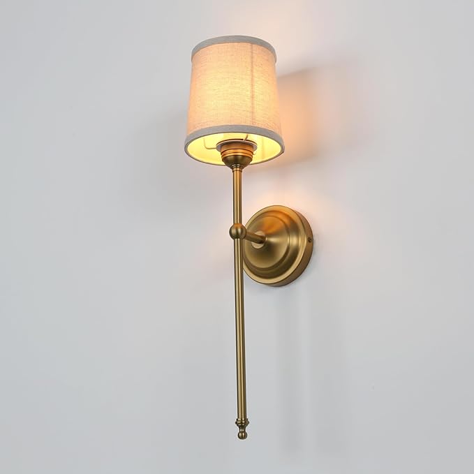 Antique Finish Sconce Wall Lighting Fixture with Linen Fabric Shade, E26 Hardwired Indoor 1-Light Wall Mounted Lamp for Living Room Bedside Nightstand Light Vanity Bathroom
