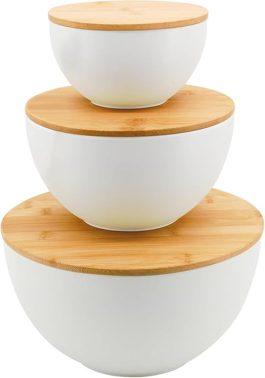 Salad Bowl Set of 3 with Bamboo Wooden Lids, Mixing Bowls Set, Nesting Bowls for Space Saving Storage, Made with Durable Eco-Friendly Bamboo Fiber, Great for Prepping and Serving Food, White