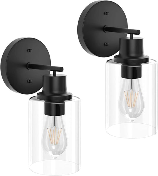GORDNWE Set of 2 Bathroom Wall Sconce, Matte Black Vanity Light, Modern Wall Light Fixture with Clear Glass Shade and E26 Bulb Base, Wall Lamp Wall Mount Light Fixtures for Mirror, Bedroom