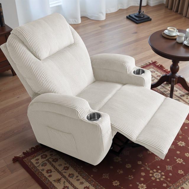Electric Power Lift Recliner Chair with Massage for Elderly Corduroy Fabric Recliner Single Sofa with Cup Holders, Side Pockets and Remote Control for Living Room Bedroom (White)