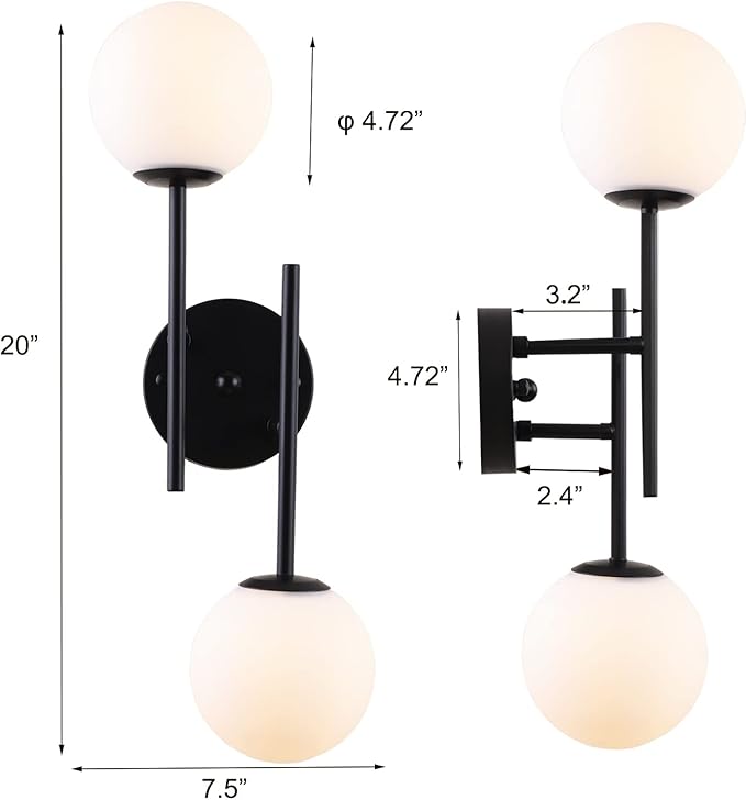 Black Globe Wall Sconces, 2-Light Modern Matte Black Vanity Lights with White Globe Glass Shade, Industrial Farmhouse Wall Lamp for Bedroom, Living Room, Kitchen, Bathroom