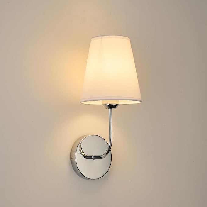 Modern Hardwired Wall Sconces, Set of 2 in Chrome or Polished Nickel with White Fabric Shades,Farmhouse Light, Living Room, Hallway, Bathroom, Vanity, or Staircase. Sleek, Versatile Lighting