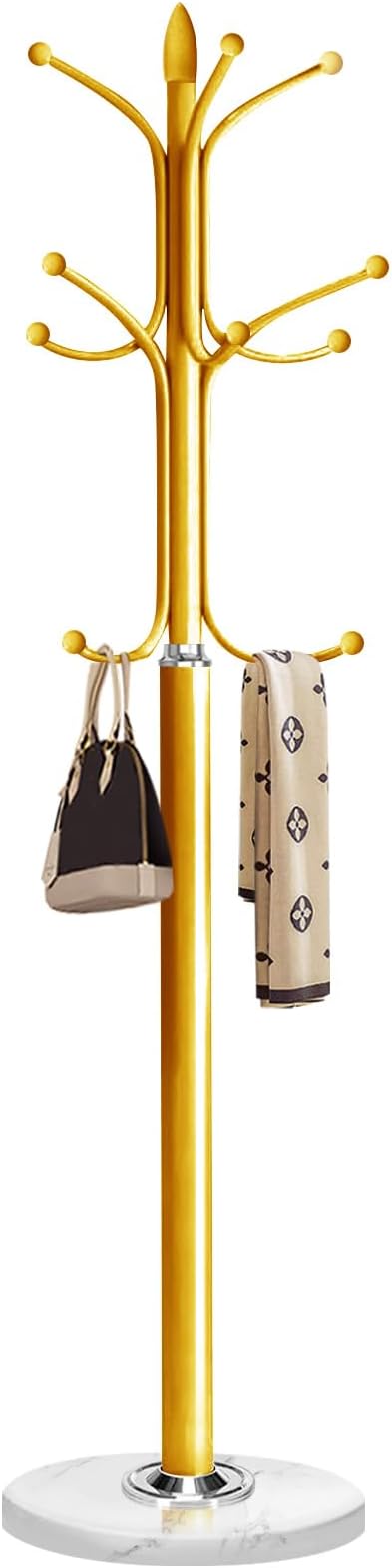 Metal Coat Rack Stand with Natural Marble Base, Coat Rack Freestanding, Free Standing Hall Tree with 12 Hooks for Hanging Clothes, Bags, Scarfs, Coat Hanger for Entryway, Hallway (Gold)