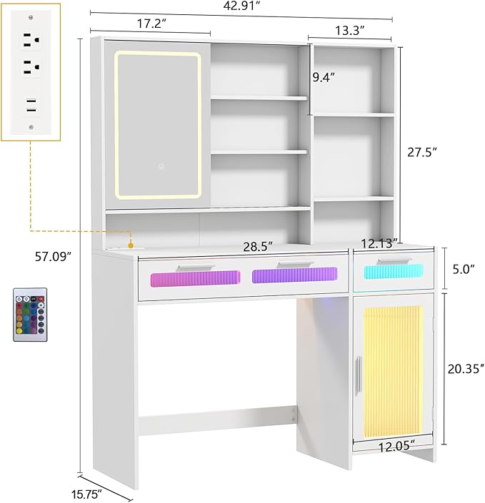 Hadulcet Vanity Desk with Mirror and Lights, Makeup Vanity with Power Outlet, LED Vanity with RGB Drawers and Cabinet, 10 Shelves & Acrylic Door Cabinet, 3 Lighting Modes Adjustable Brightness, White