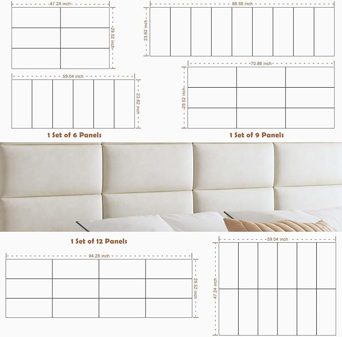 IFNOW Wall Mounted Upholstered Headboard Queen, 3D Peel and Stick Soundproof Panels, Reusable and Removable Padded Leather Bed Headboard, 9 Panels 9.84" x 23.62", Ivory White