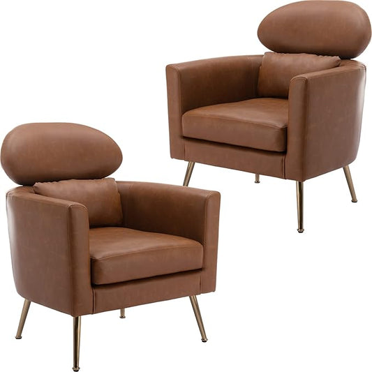 Accent Chair Set of 2 Upholstered Barrel Arm Chair for Living Room Bedroom Reception Room Office, Modern Soft Padded Single Sofa Chair with Golden Legs & Lumbar Pillow, PU Brown