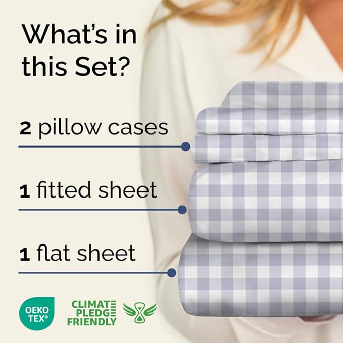 Grey Gingham Sheets - 1 Flat & 1 Fitted Sheet & 2 Pillowcases w/ Deep Pockets - Grid, Plaid, Checkered Pattern Bed Set - Wrinkle & Fade Resistant - Ultra-Soft, Breathable and Cooling - Queen Size