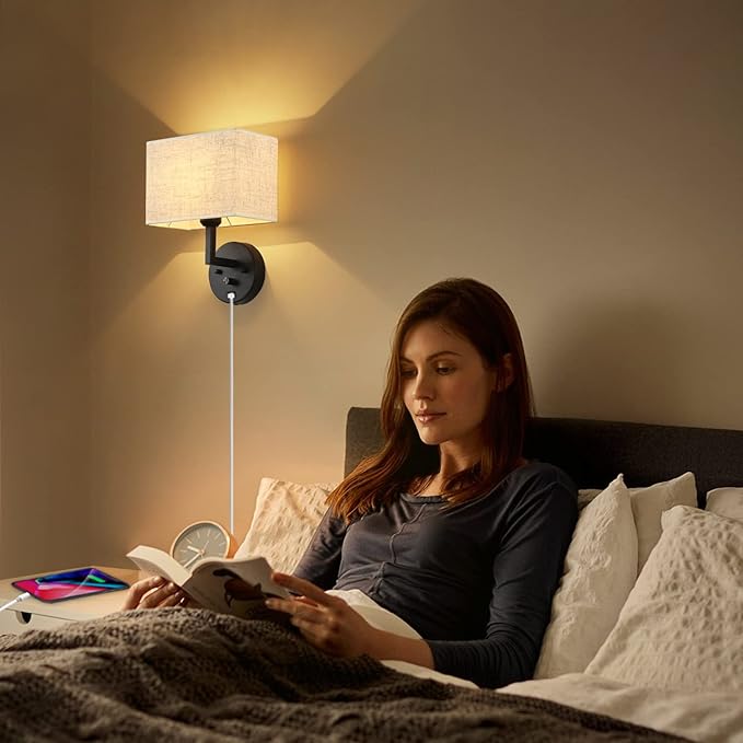 Plug in Wall Sconce with Dimmer Switch and USB Port，9.5“Rectangular Linen Fabric Shade，Bedside Wall Lamp Matte Black Finish，Wall Lamp Perfect for Bedroom, Living Room and Hotel. E26 Base