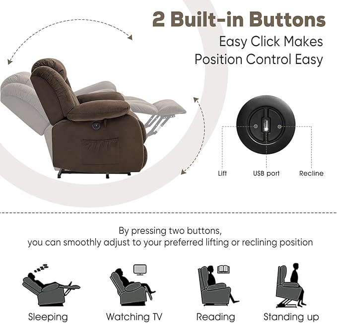 Power Lift Recliner Chair for Elderly with Heated and Massage, Adjustable Lift Chair Recliner, USB Port, Side Pocket, Plush Fabric, Brown