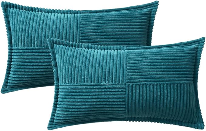 MIULEE Decorative Lumbar Throw Pillow Covers for Couch Bed Livingroom 12x20 Inch Set of 2 Teal Blue Boho Accent Throw Pllows Broadside Striped Patchwork Soft Corduroy Summer Coastal Pillowcases