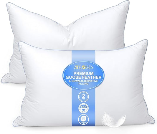 Goose Feather Pillow King Size Pack of 2 - Down Hotel Bed Pillows for Sleeping, Soft 600 Thread Count Cotton Cover, Fluffy Support Surround Fill Polyester for Back, Stomach, Side Sleepers