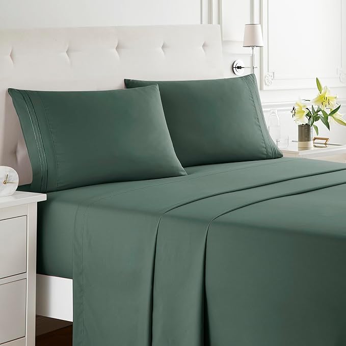 Clara Clark Bed Sheets, Premier 1800 Series Bed Sheet Set, Deep Pocket, Wrinkle, Fade, Stain Resistant, Luxury Soft Bedding Sheets & Pillowcases, Full, Forest Green