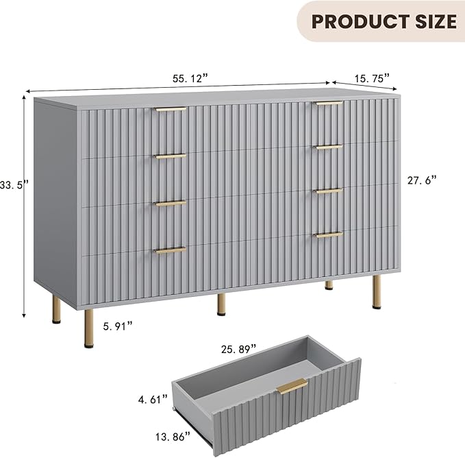 8 Drawer Dresser for Bedroom, Fluted 55" Wide Modern Chest of Drawers with Deep Drawers, Long Large Double Dresser TV Stand, Wooden Dresser Organizer for Living Room, Hallway, Kids Room, Grey