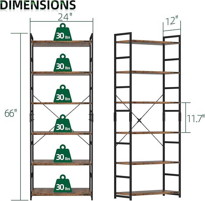 OTK 6 Tier Adjustable Bookshelf, Tall Bookcase, Office Shelf Storage Organizer, Modern Book Shelf for Living Room, Bedroom, and Home Office, Vintage
