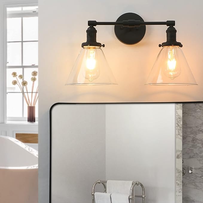 Phansthy 2-Light Industrial Wall Light Black Wall Sconce Light Fixture with Dual 7.3 Inches Cone Clear Glass Canopy(Black)