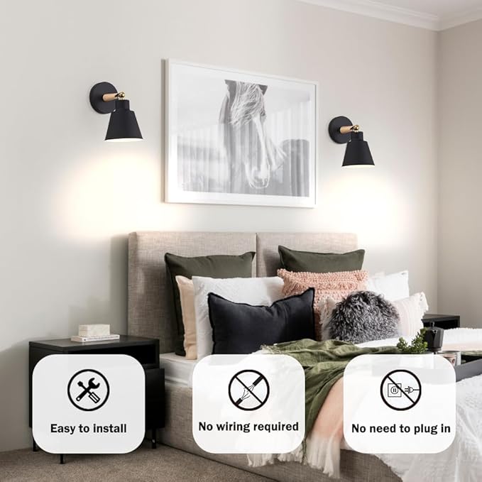 Battery Operated Wall Sconce Set of 2, Black USB Rechargeable Wall Lamp with 2500mAh Dimmable Detachable Bulb, Cordless Sconce Wall Lighting with Remote, 180° Rotate wall decor for Living Room Hallway