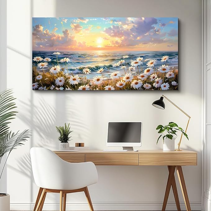 PHAOHUAXM Large Canvas Wall Art For Living Room Bedroom Wall Decor Home Office A Landscape Painting Of A Sea Of White Flowers Painting Room Bathroom Dining Room Artwork Picture Wall Decor 20x40 In