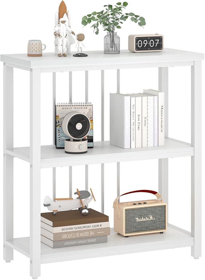 FOLUBAN Small Bookshelf, Modern 3 Tier Book Shelf, Wood and Metal Bookcase for Home Office Living Room Bedroom, White Oak