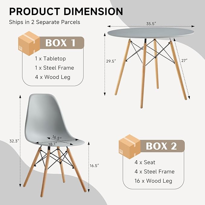 35.5'' 5 Piece Round Dining Table Set for 4, Mid-Century Modern Table with Chairs, Space Saving, Plastic Seats, Wood Legs, Circle Dinner Table for Kitchen, Home, Apartment, Gray