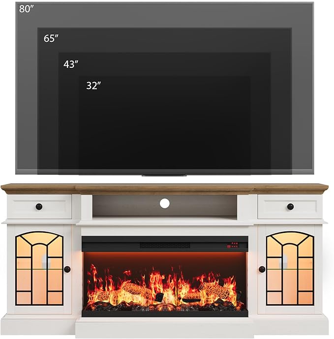 QUW 70" Farmhouse Fireplace TV Stand for TVs up to 80", Entertainment Center with 36" 3-Side Glass Electric Fireplace with Open Shelf and Cabinet, TV Console for Living Room, Antique White