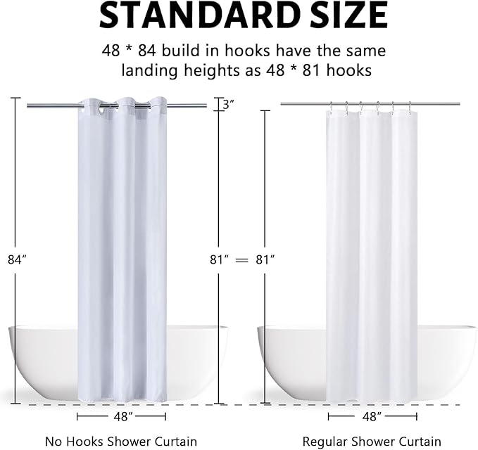 Furlinic Stall No Hook Long Shower Curtain,Small Narrow Fabric Cloth Bathroom Curtain with 6 Plastic Built-in Grommets,Waterproof & Machine Washable,Hotel Style,White,48x84 Inch