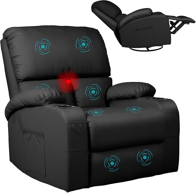 LEVELEVE Rocking Recliner Chair, Massage Rocker Recliner Chair with Vibration Massage and Heat, 360° Swivel Faux Leather Chairs, Living Room, Bedroom, Nursery, RV, Black