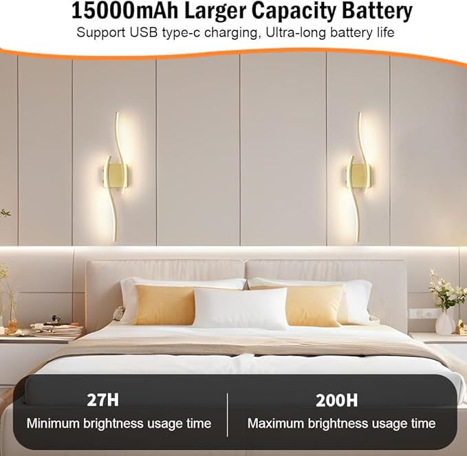 Battery Operated Wall Sconce Set of 2, Gold USB Rechargeable Wall Sconces, Dimmable Cordless Battery Wall Sconces with Remote Control, LED Wireless Lighting for Living Room Hallway Bedroom, 27.56in