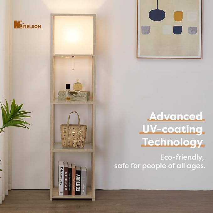 Floor Lamp with Shelves, Modern Standing Lamp with Tempered Glass, Large Display Shelf Lamp, Tall Lamps with Shelves for Living Room, Bedroom, Office, Ashen Oak