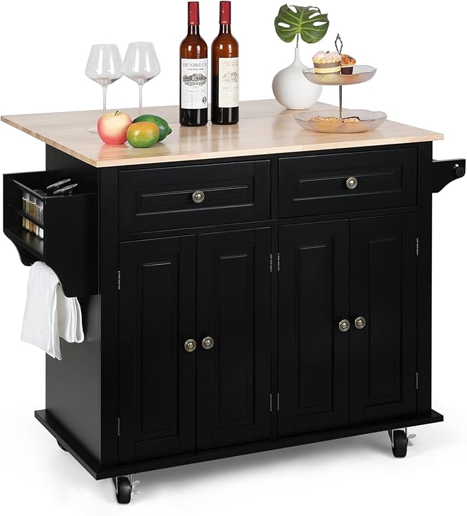 VOWNER 43" W Kitchen Island with Drop Leaf, Rolling Kitchen Island with Drawers, Portable Island Kitchen with Storage, Floating Kitchen Cart with Spice Rack & Towel Rack, Isla para Cocina (Black)