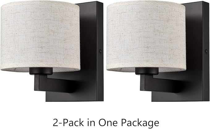 SAMTEEN Farmhouse Black Wall Sconces Set of Two Modern Fabric Shade Sconces Wall Lighting Black Wall Lamp with Drum Shade for Bedroom Bedside Living Room (Beige Shade)