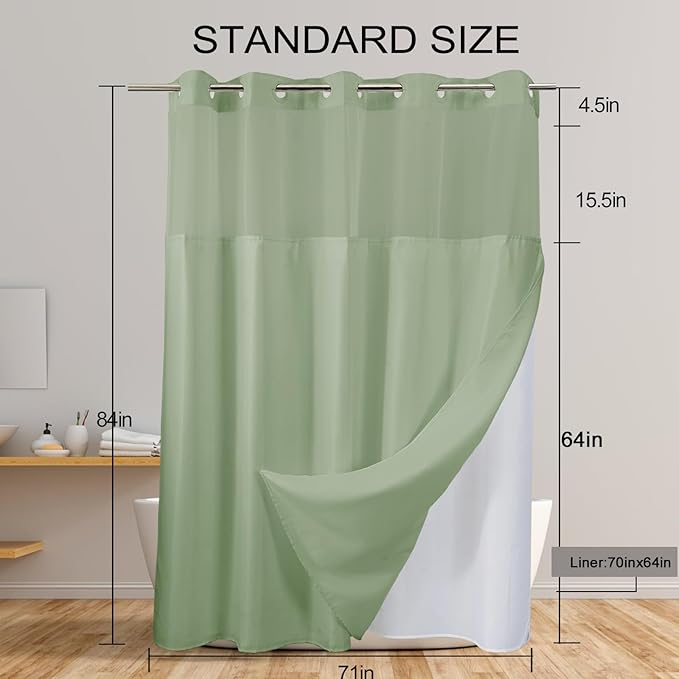 No Hook Shower Curtain with Snap in Fabric Liner Set, Chevron Shower Curtain for Bathroom (sage Green, 71" W x 84" W)