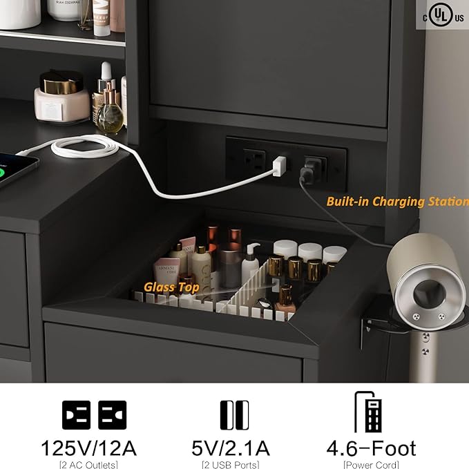 Vabches Vanity Desk with Mirror and Lights, Vanity Table Makeup Vanity with Lights 3 Drawers and Cabinets, Charging Station & Sliding Door, Lots Storage Shelves