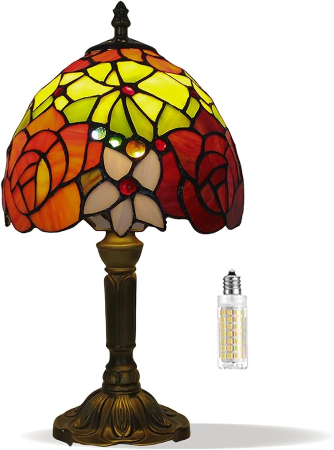 Small Tiffany Table Lamp 8" Flower Design Stained Glass Shade Red Yellow Floral Multi-Color 14.6" Tall Vintage Bedside Light for Living Room Sofa Side Bedroom nightstand