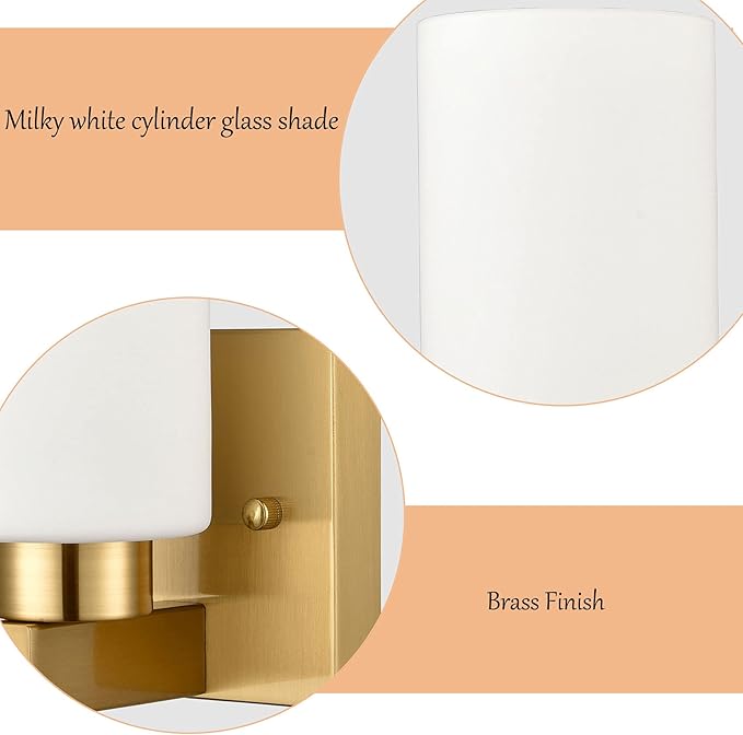 Modern Wall Light Fixtures Brass Bathroom Vanity Light with Milky White Cylinder Glass Shade Set of 2