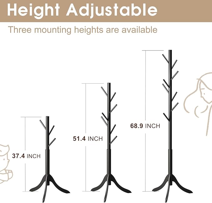 Coat Rack Freestanding, Coat Stands Entryway, Bamboo Coat Rack Hat Hanger 8 Hook for Jacket, Purse, Scarf Rack, Umbrella Tree Stand (Black)