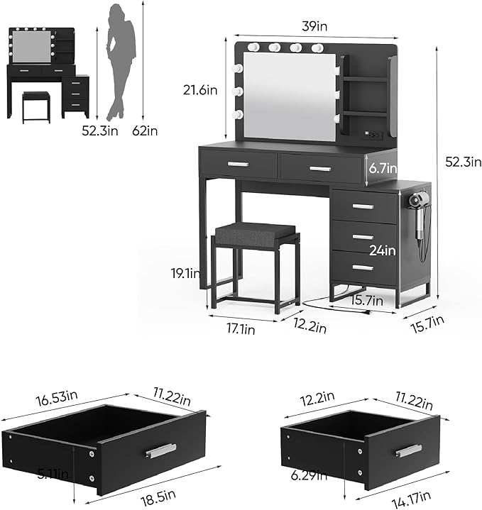 Semiocthome Makeup Vanity Desk with Mirror and Lights, Make Up Vanity Table Set with Power Outlet, Shelves and 5 Drawers, 3 Lighting Modes & Adjustable Brightness Dressing Table with Chair - Black