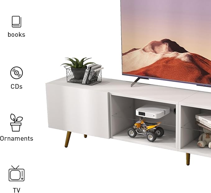 Bonzy Home 86" LED TV Stand, Modern Entertainment Center up to 75" 80" 85" TV, Television Console Table with Storage Cabinets for Living Room, White