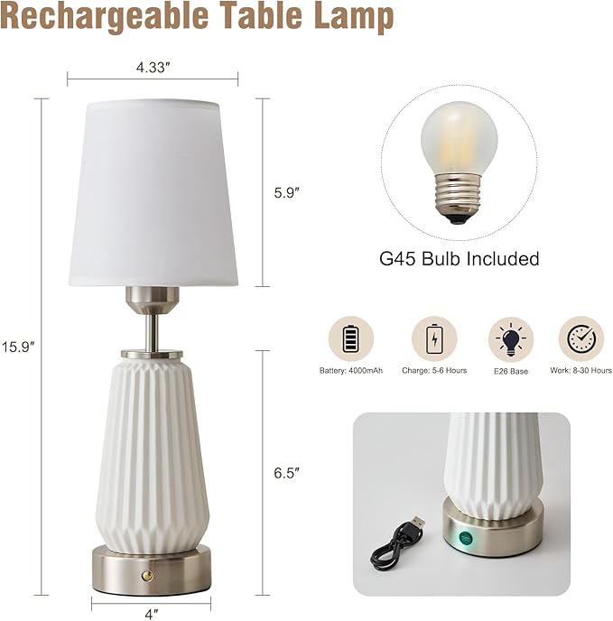 Cordless Table Lamp-Battery Powered Lamp 4000mAh Rechargeable, Stepless Dimmable, Farmhouse Ceramic Touch Bedside Lamp,Portable LED Night Light for Bedroom, Living Room, Office, Bulbs Included(Silver)