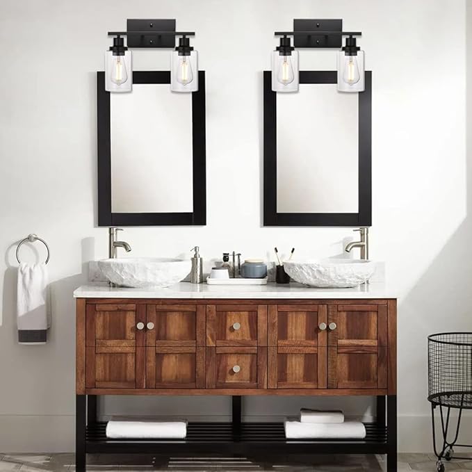 MELUCEE 2-Light Black Wall Sconce Industrial Vintage with Clear Glass Shade and Metal Base, Bathroom Vanity Lights Hallway Light Fixture Sconces Wall Lighting (Patent No.: US D963914 S)