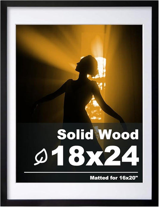 Egofine 18x24 Solid Wood Picture Frame, Made of Solid Wood Covered by Plexiglass 16x20 with Mat 18x24 without Mat, Poster Frame for Wall Mounting Photo Frame Vertically or Horizontally, Black