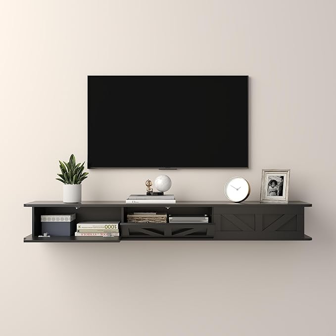 Black Floating TV Stand for 43 55 65 70 inch TV, Entertainment Center Media TV Console Shelf and Storage Drawers for Wall for Living Room Bedroom