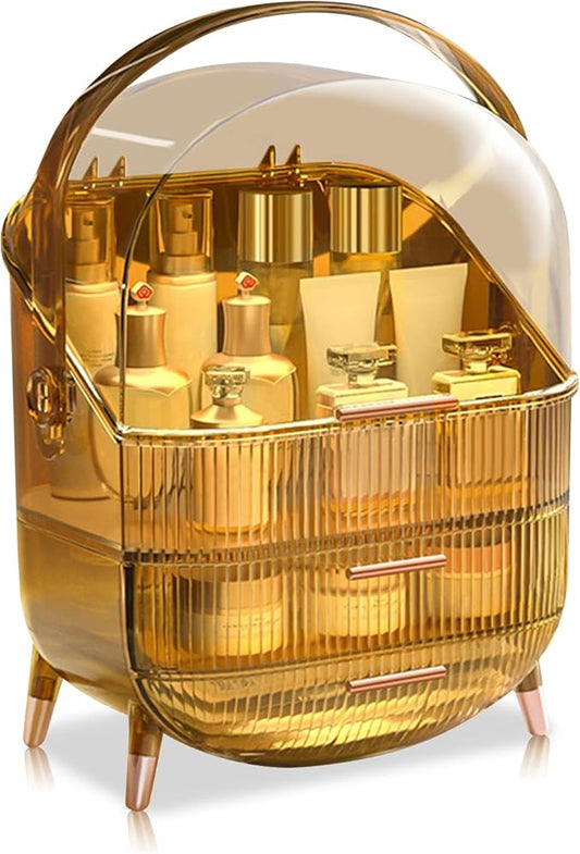 Ergocar Portable Retro Series Multi-Function Make Up Case Dustproof Cosmetic Storage Box,Cosmetics Skin Care Products Jewelry Organizer Case Finishing Box Bathroom Desktop -Amber (X-1)