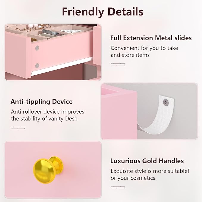 Vanity Desk with Mirror and Lights, Makeup Vanity Table with Power Outlet, Dressing Vanity Table Set with 6 Drawers & 4 Cabinets, 3 Color Modes & Brightness Adjusted, for Bedroom Room, Pink