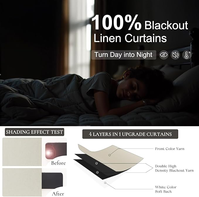 Burlap Blackout Curtains 96 Inch Length 2 Panels 100% Black Out Flax Linen Primitive Rustic Country Modern Farmhouse Thermal Drapes for Bedroom Living Room Dining Sliding Door 8 FT Long Back Tab Beige