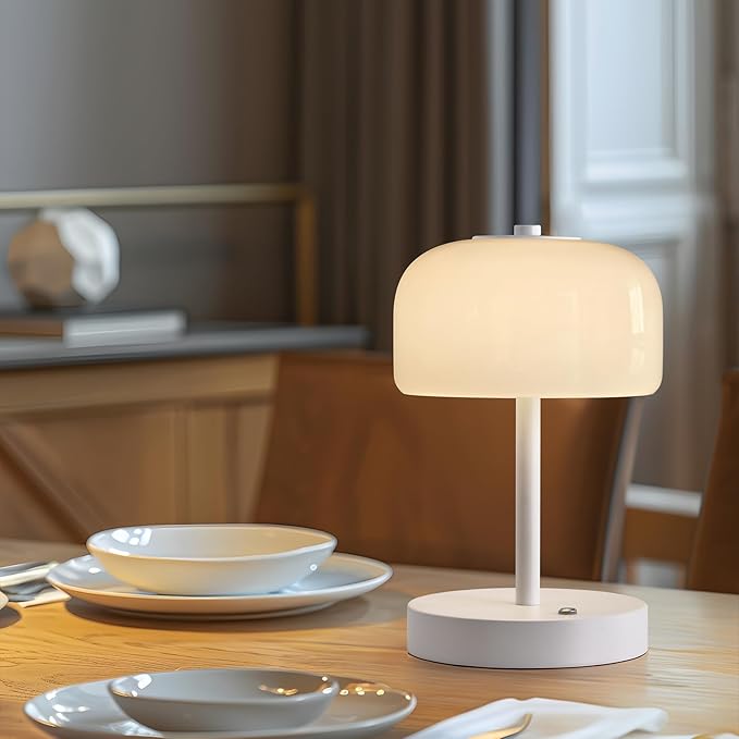 PORTRES Cordless Table Lamp Rechargeable Battery Operated Mushroom lamp Opal Glass Shade 3 Way Dimmable LED Touch Outdoor Lamp for Camping Bedroom Dining Living Room Beside Patio Restaurant,White