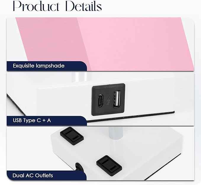 Bedside Lamp with USB Ports - Touch Control Table Lamp for Bedroom with USB C+A Charging Ports & AC Outlets, 3 Way Dimmable Nightstand Light with White Base for Living Room (LED Bulb Included, Pink)