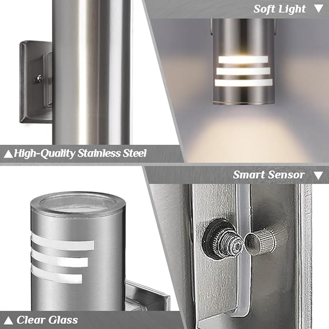 SHIMR Dusk to Dawn Outdoor Wall Light, Exterior Light Fixture Stainless Steel, Outdoor Sconce Lights Cylinder, Waterproof Up and Down Light Wall Mount Electroplated Silverl Finsh, LED Bulbs Include