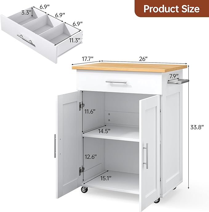 Kitchen Island Cart on Wheels with Storage - Rolling Kitchen Island with Large Drawer & Dividers | Adjustable Shelf | Towel Rack, Portable Kitchen Cart for Small Space, White