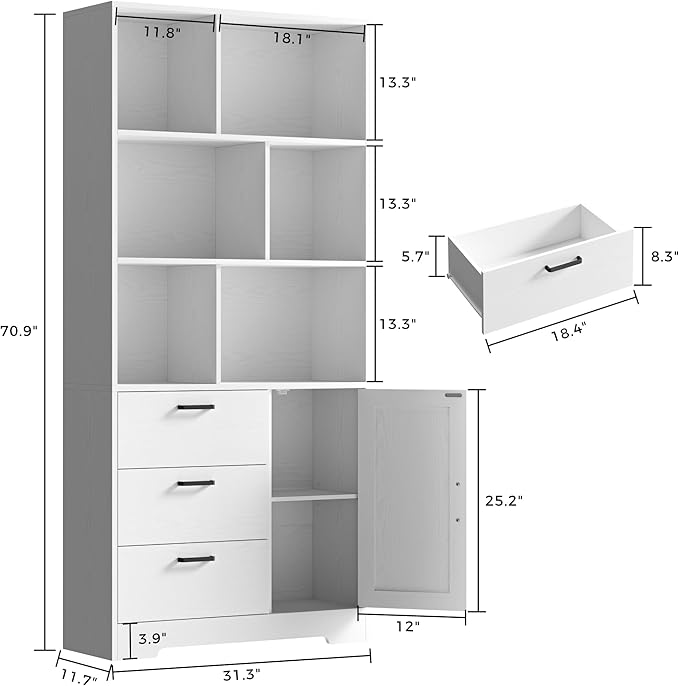 IRONCK Bookshelf with Drawers, 70.9 inch Tall Bookcase with Doors, Bookshelves and Bookcases with Storage, Bookshelf with 6 Open Cubes for Home Office, Living Room, Study, White